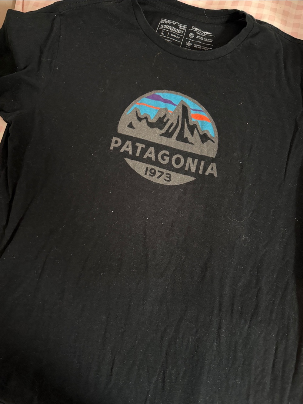 Patagonia Black Tee with Blue, Teal, Purple and Orange Logo